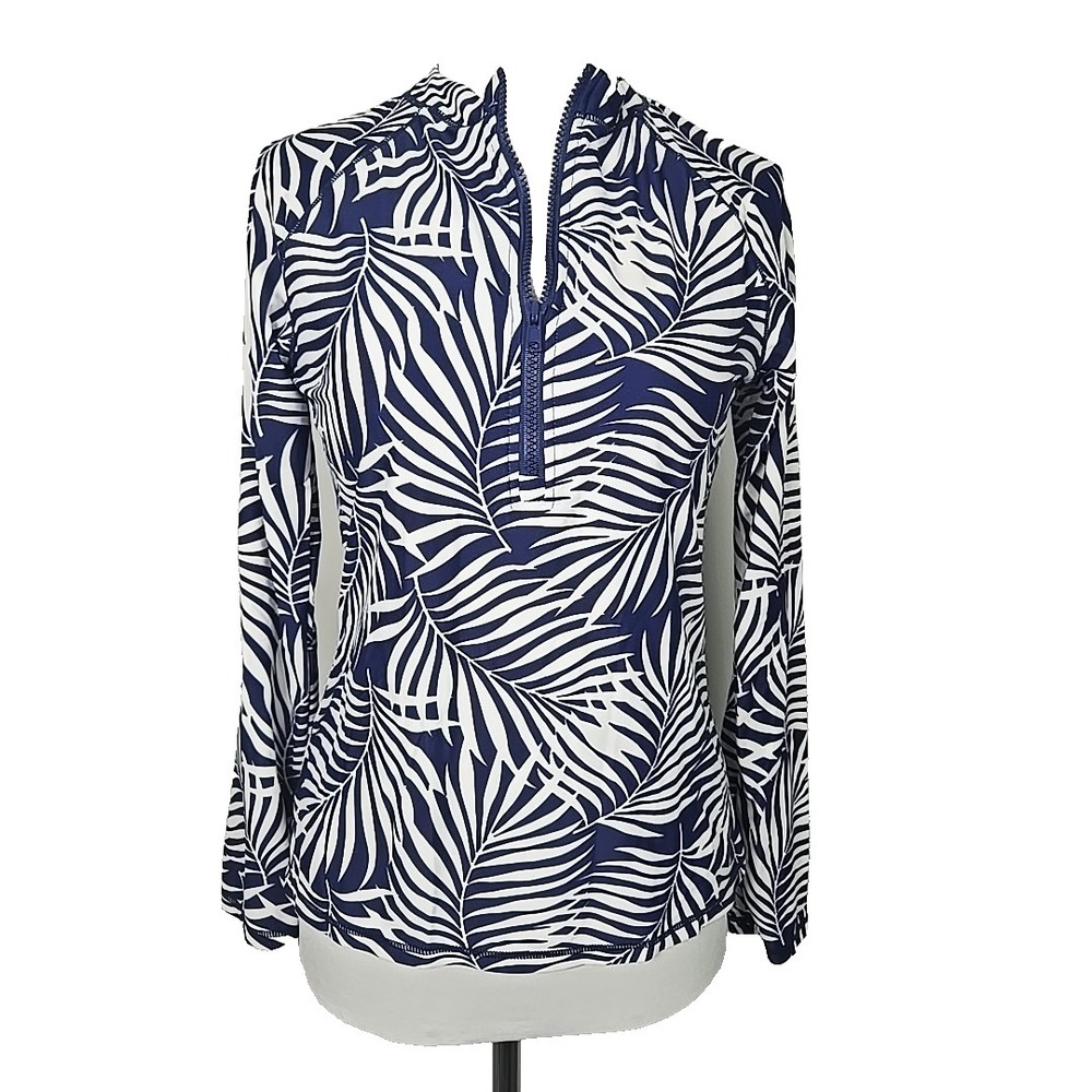 AQUA et SOL Women's Blue Tropical‎ Print 1/4 Zip  Rash Guard Top Medium M